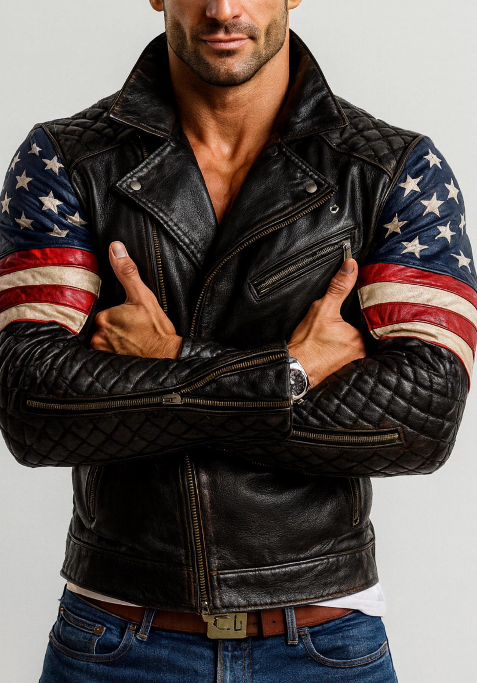 Men's Black Sheep Leather Biker Jacket: USA Flag Sleeves, Quilted Detail