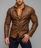 Men's Brown Sheep Leather Blazer: Vintage Slim Fit Jacket