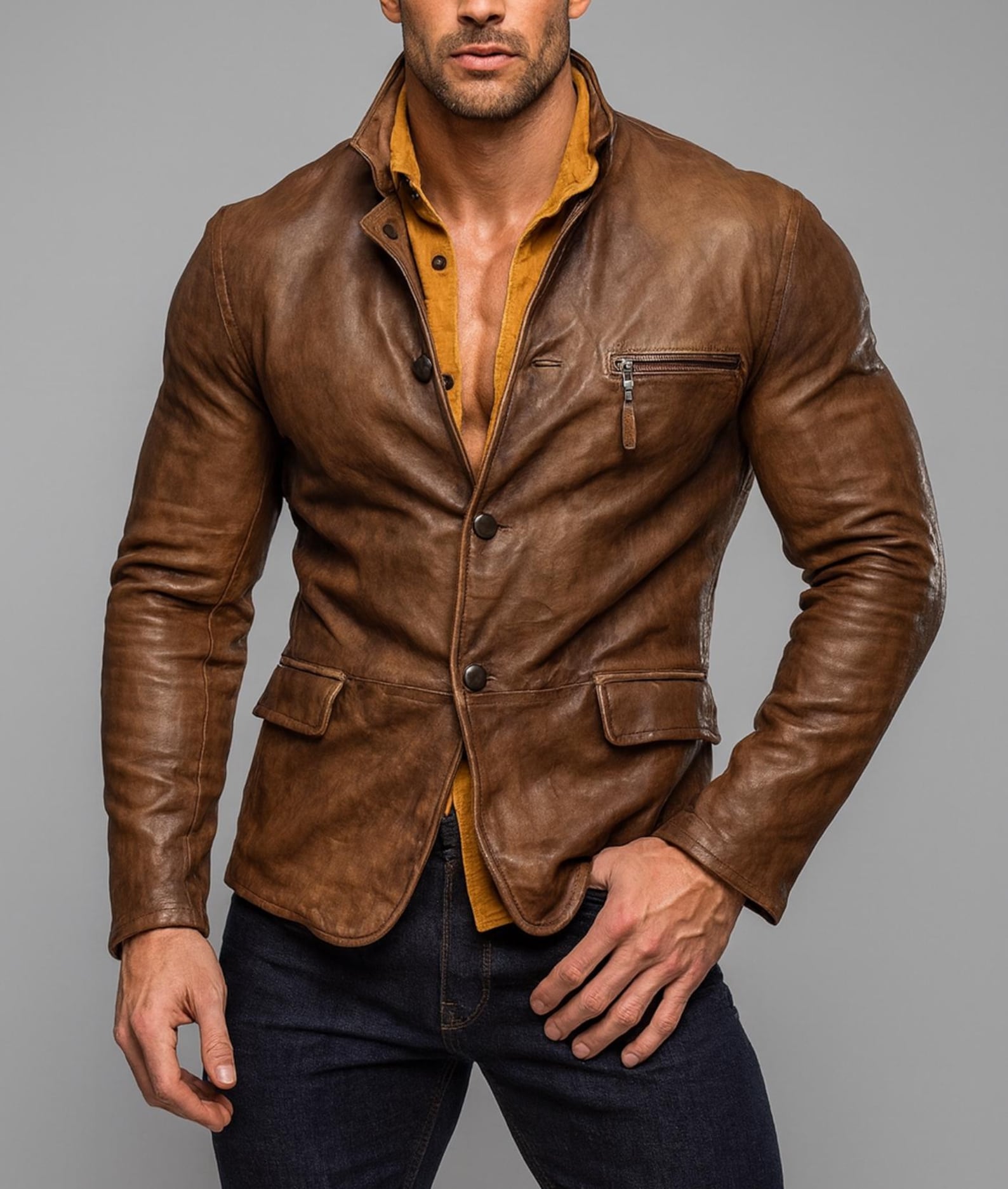 Men's Brown Sheep Leather Blazer: Vintage Slim Fit Jacket