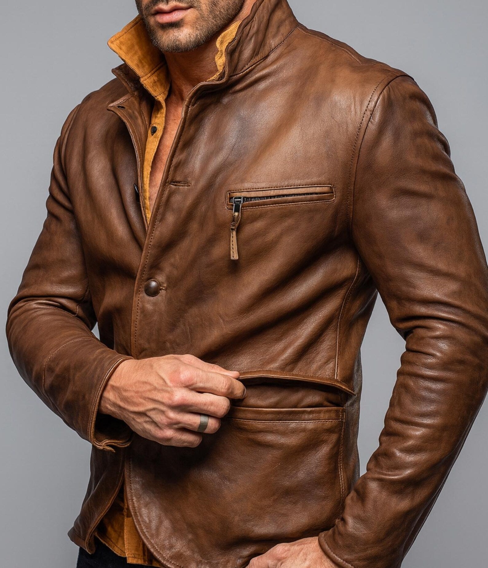 Men's Brown Sheep Leather Blazer: Vintage Slim Fit Jacket