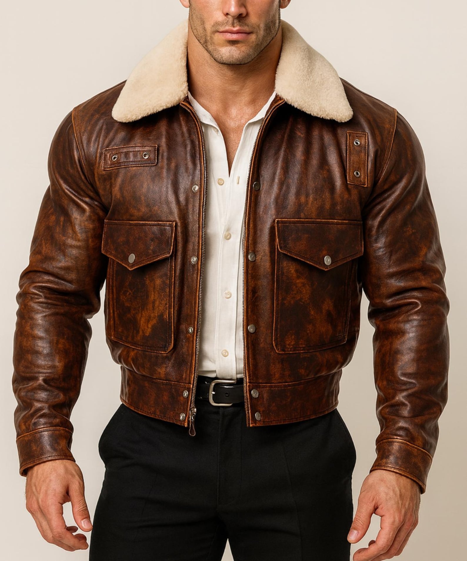 Men's Shearling Collar Leather Bomber Jacket - Distressed Brown Aviator Coat Daaran