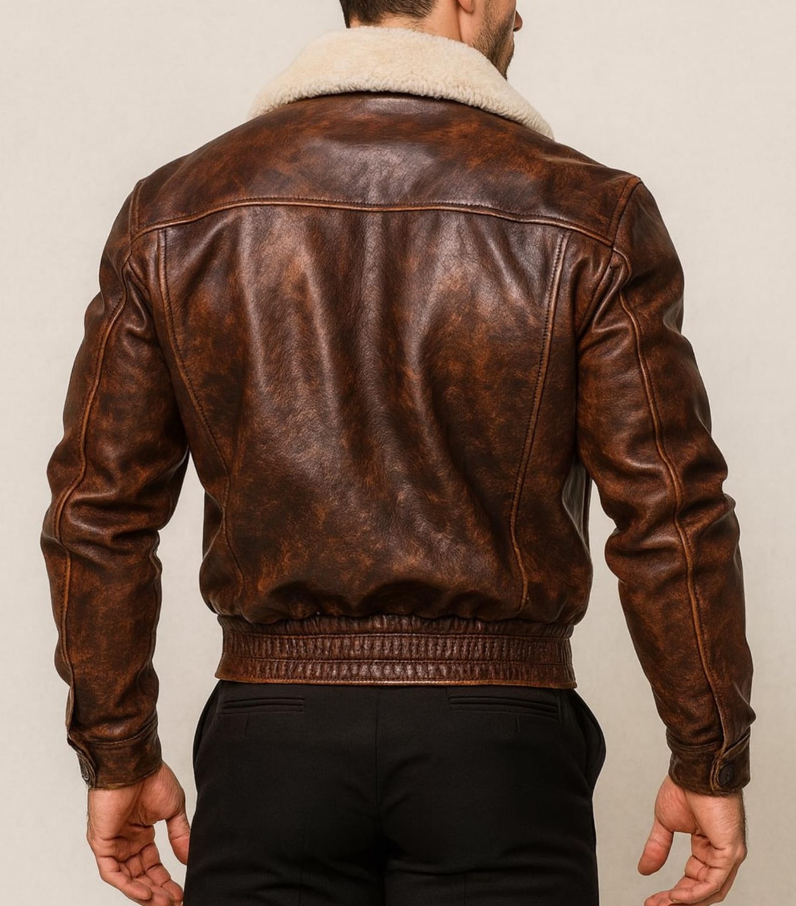 Men's Shearling Collar Leather Bomber Jacket - Distressed Brown Aviator Coat Daaran