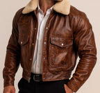 Men's Shearling Collar Leather Bomber Jacket - Distressed Brown Aviator Coat Daaran