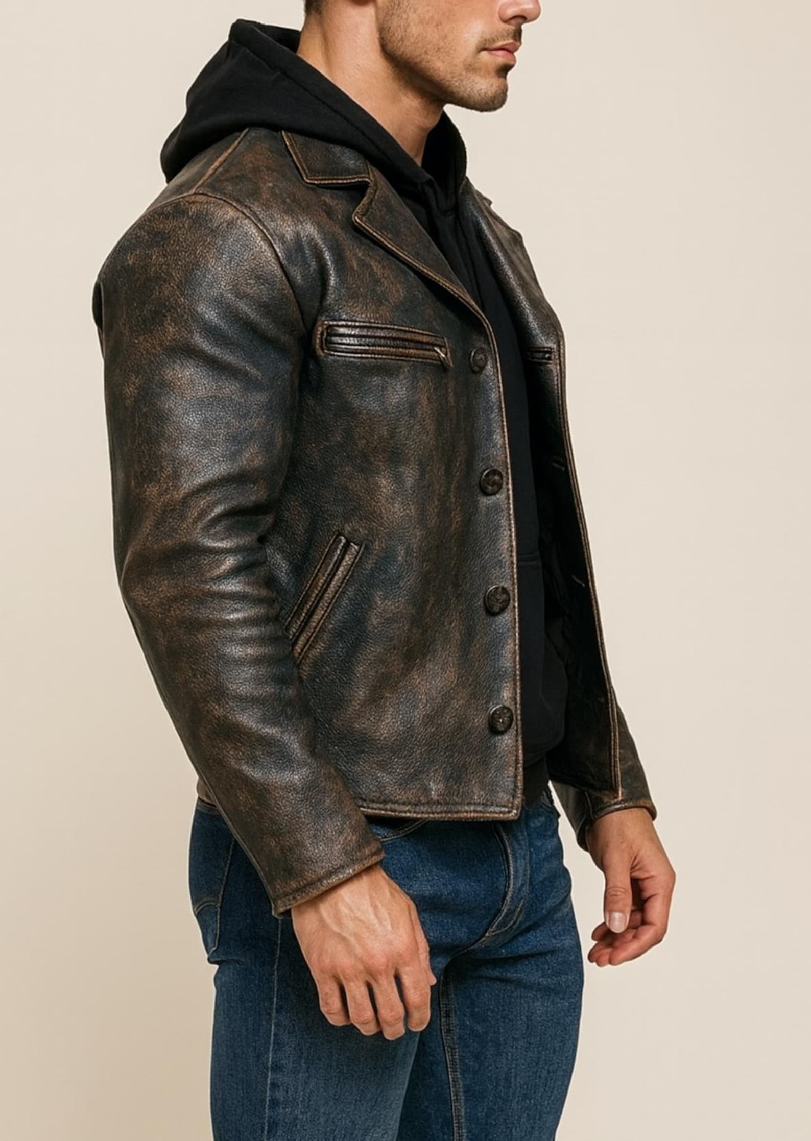 Handmade Distressed Cowhide Leather Biker Jacket: Bronze-Black-Daaran
