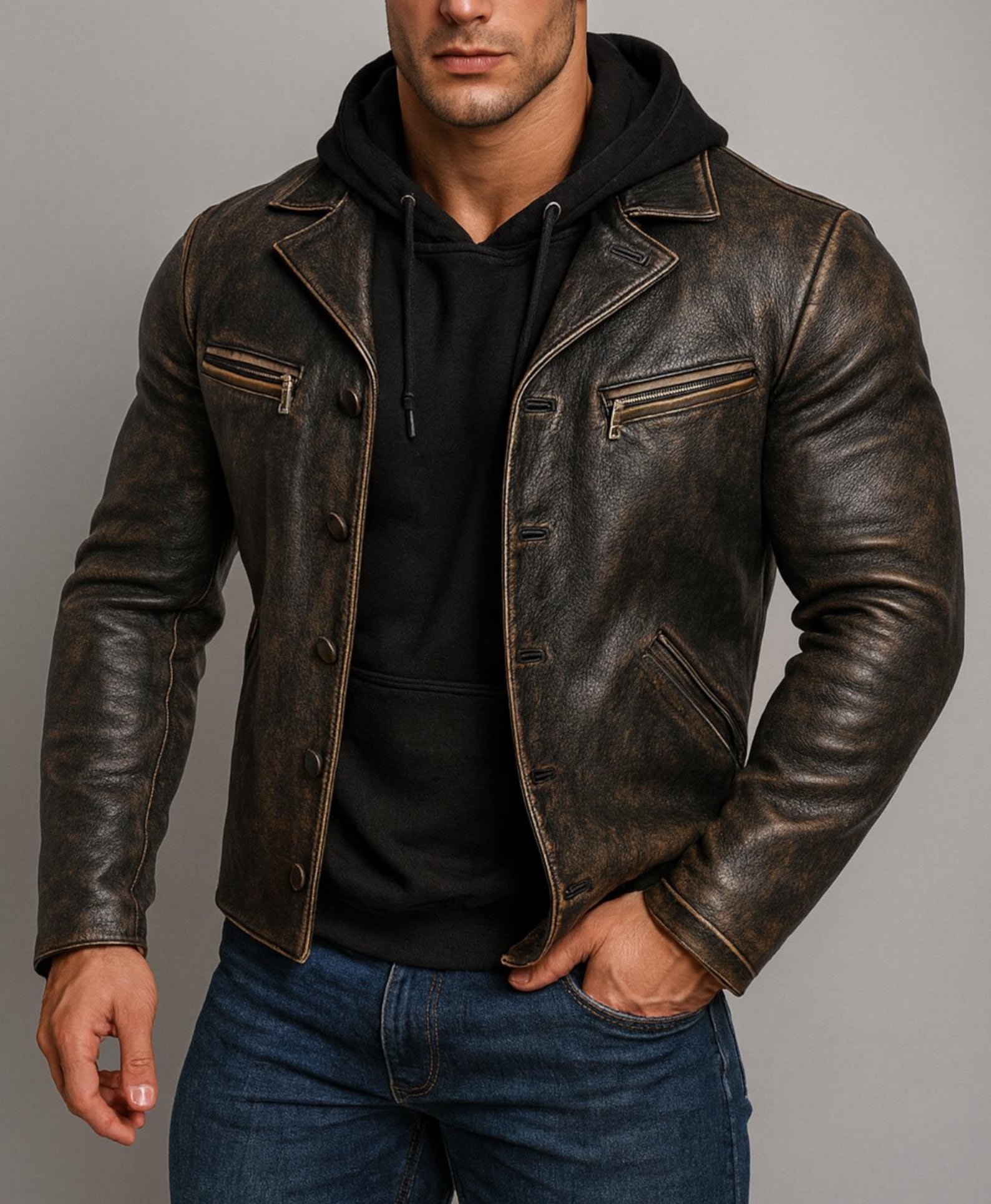 Handmade Distressed Cowhide Leather Biker Jacket: Bronze-Black-Daaran