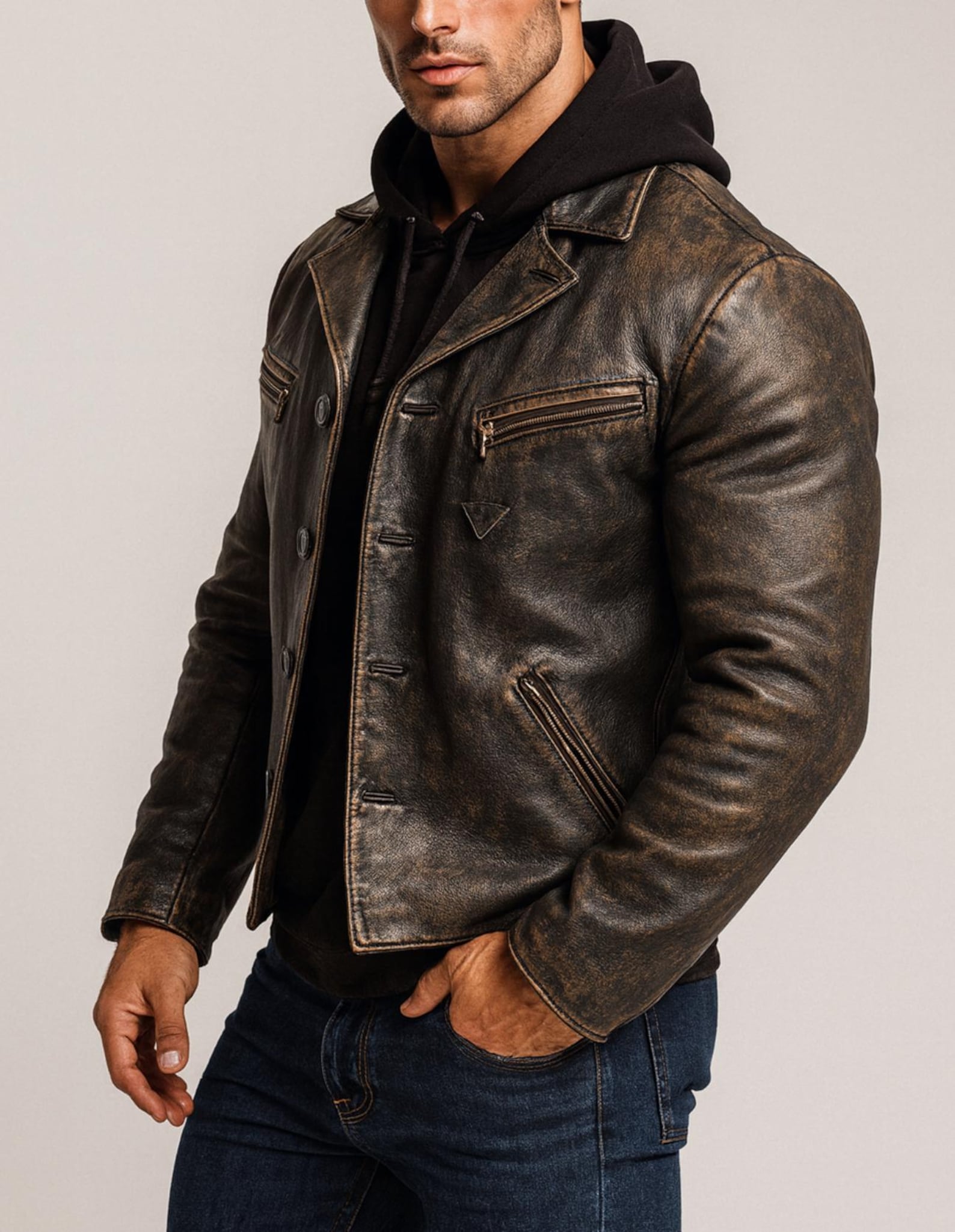 Handmade Distressed Cowhide Leather Biker Jacket: Bronze-Black-Daaran