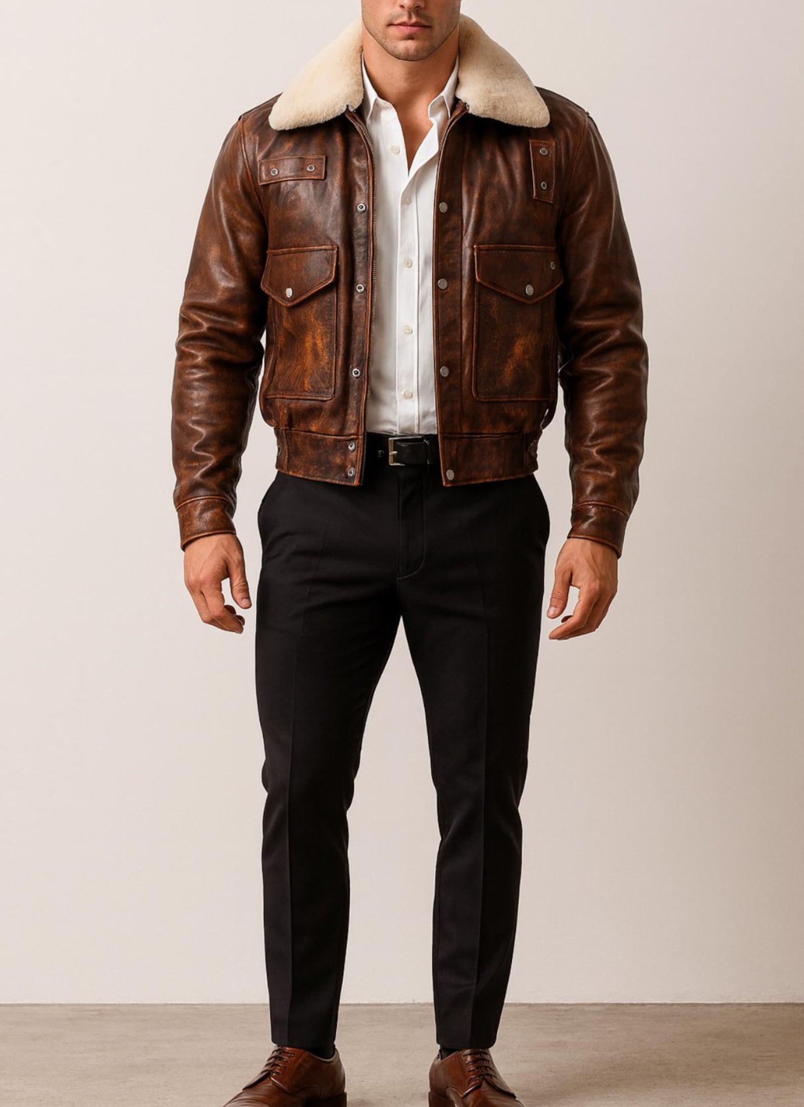 Men's Shearling Collar Leather Bomber Jacket - Distressed Brown Aviator Coat Daaran