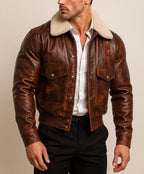 Men's Shearling Collar Leather Bomber Jacket - Distressed Brown Aviator Coat Daaran
