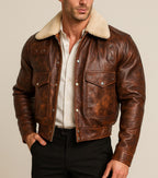 Men's Shearling Collar Leather Bomber Jacket - Distressed Brown Aviator Coat Daaran