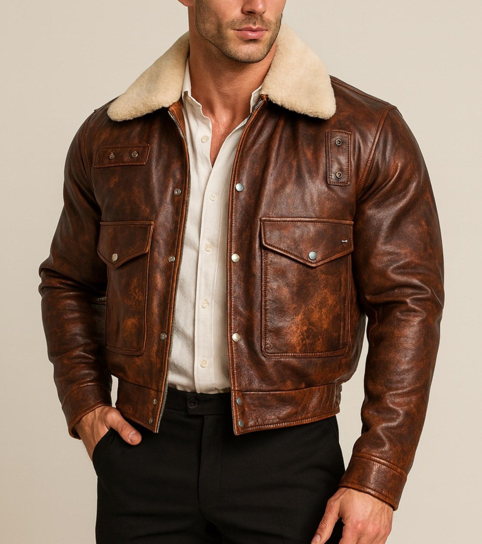 Men's Shearling Collar Leather Bomber Jacket - Distressed Brown Aviator Coat Daaran