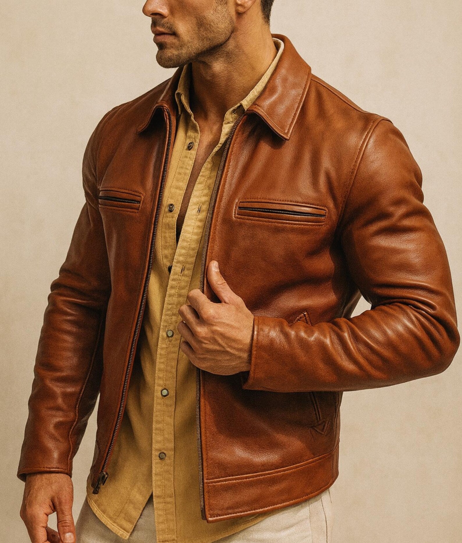 Men's Camel Cowhide Leather Moto Jacket: Slim Fit Bomber