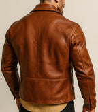 Men's Camel Cowhide Leather Moto Jacket: Slim Fit Bomber