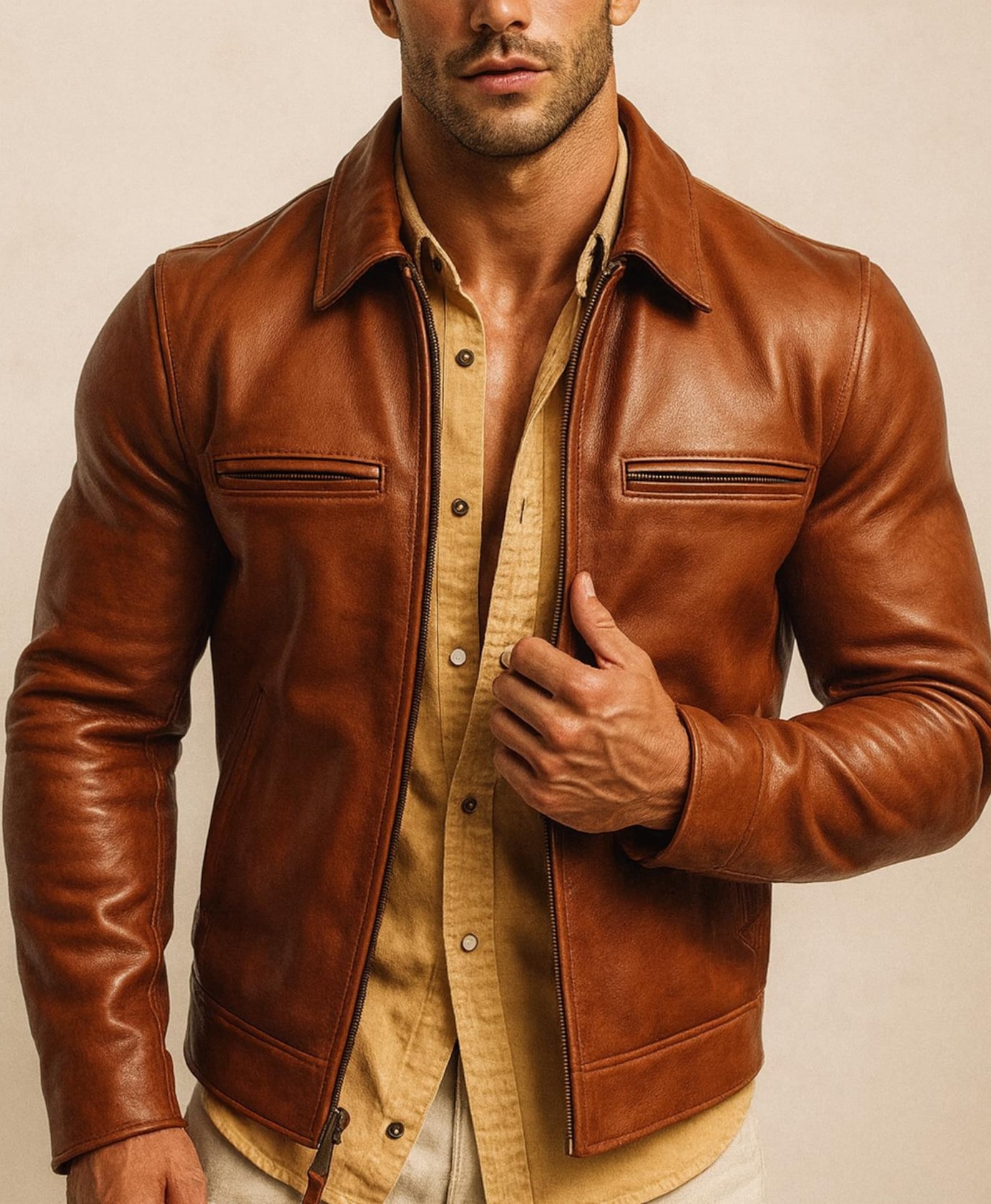 Men's Camel Cowhide Leather Moto Jacket: Slim Fit Bomber