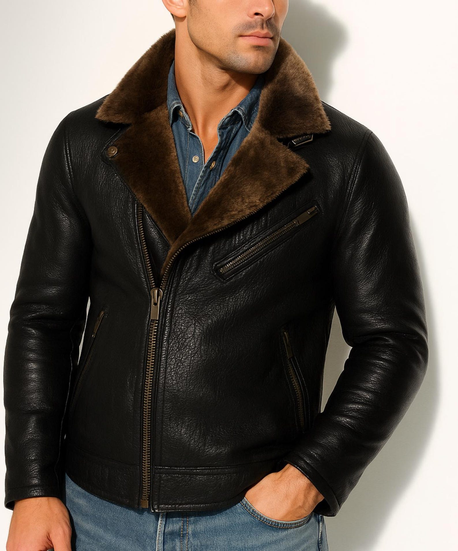 Dark Brown Shearling Aviator Leather Jacket Men's Winter Bomber Jacket | Ravenline by Daaran