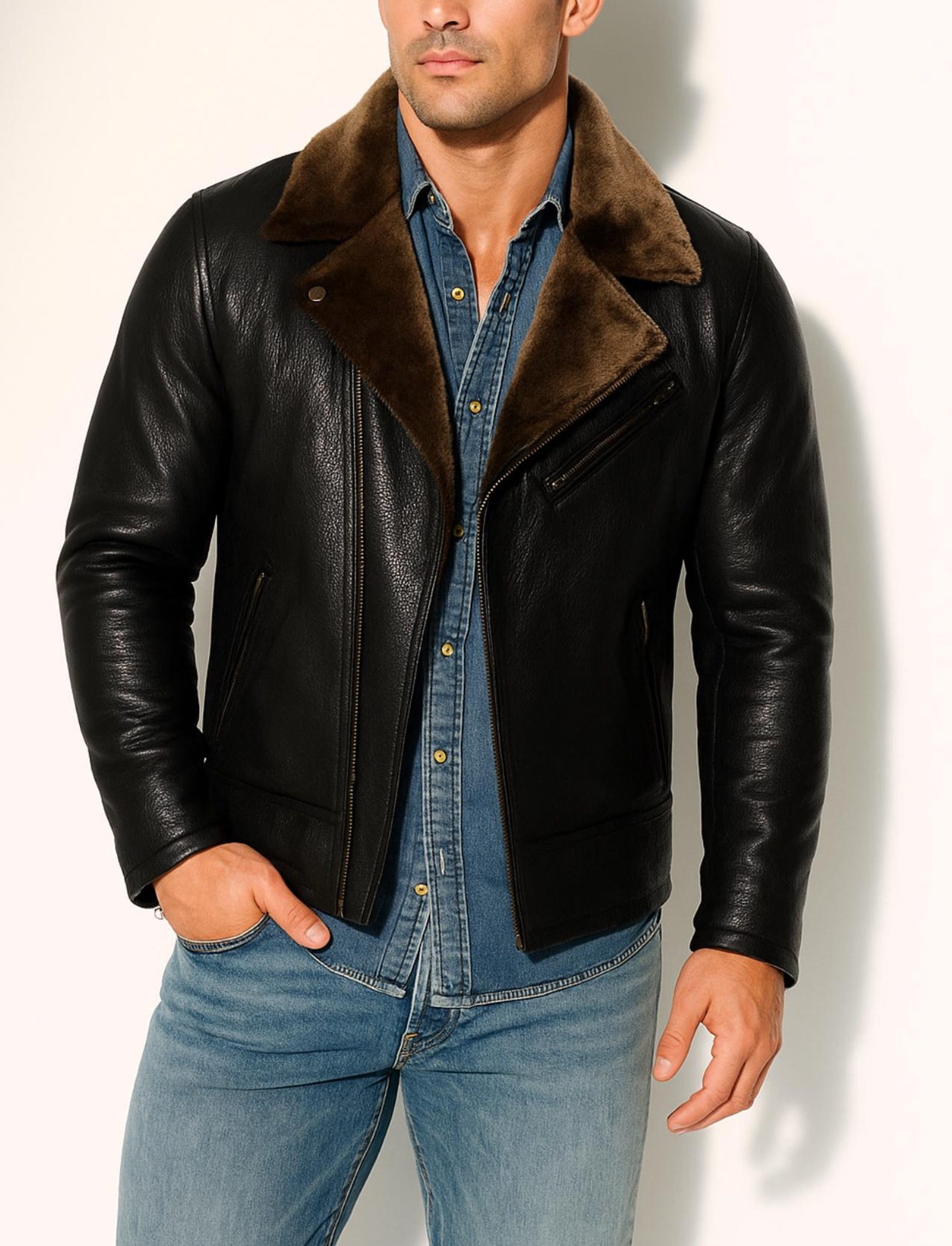 Dark Brown Shearling Aviator Leather Jacket Men's Winter Bomber Jacket | Ravenline by Daaran