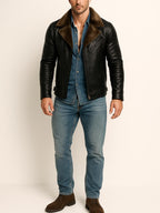 Dark Brown Shearling Aviator Leather Jacket Men's Winter Bomber Jacket | Ravenline by Daaran