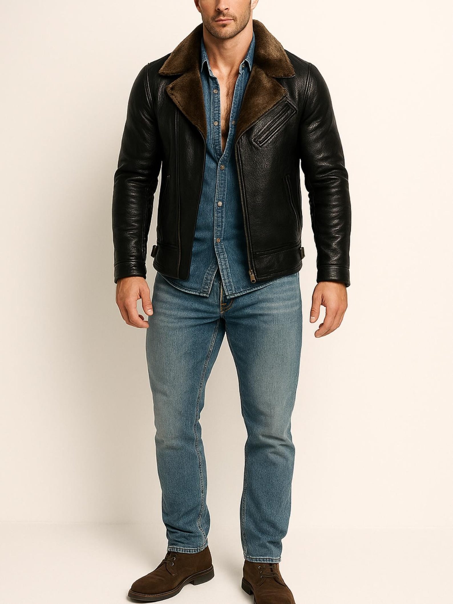 Dark Brown Shearling Aviator Leather Jacket Men's Winter Bomber Jacket | Ravenline by Daaran