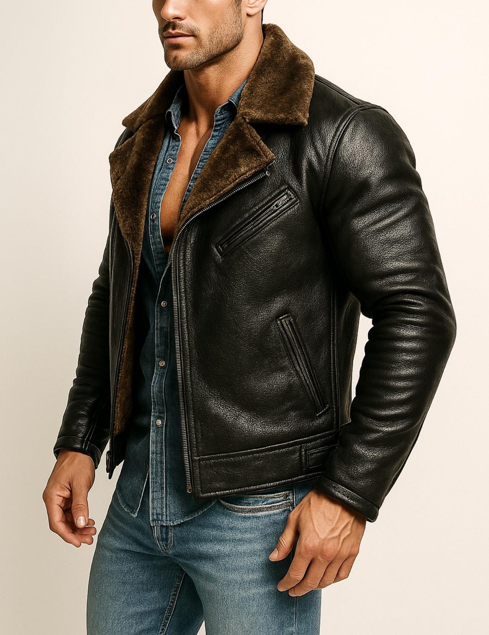 Dark Brown Shearling Aviator Leather Jacket Men's Winter Bomber Jacket | Ravenline by Daaran