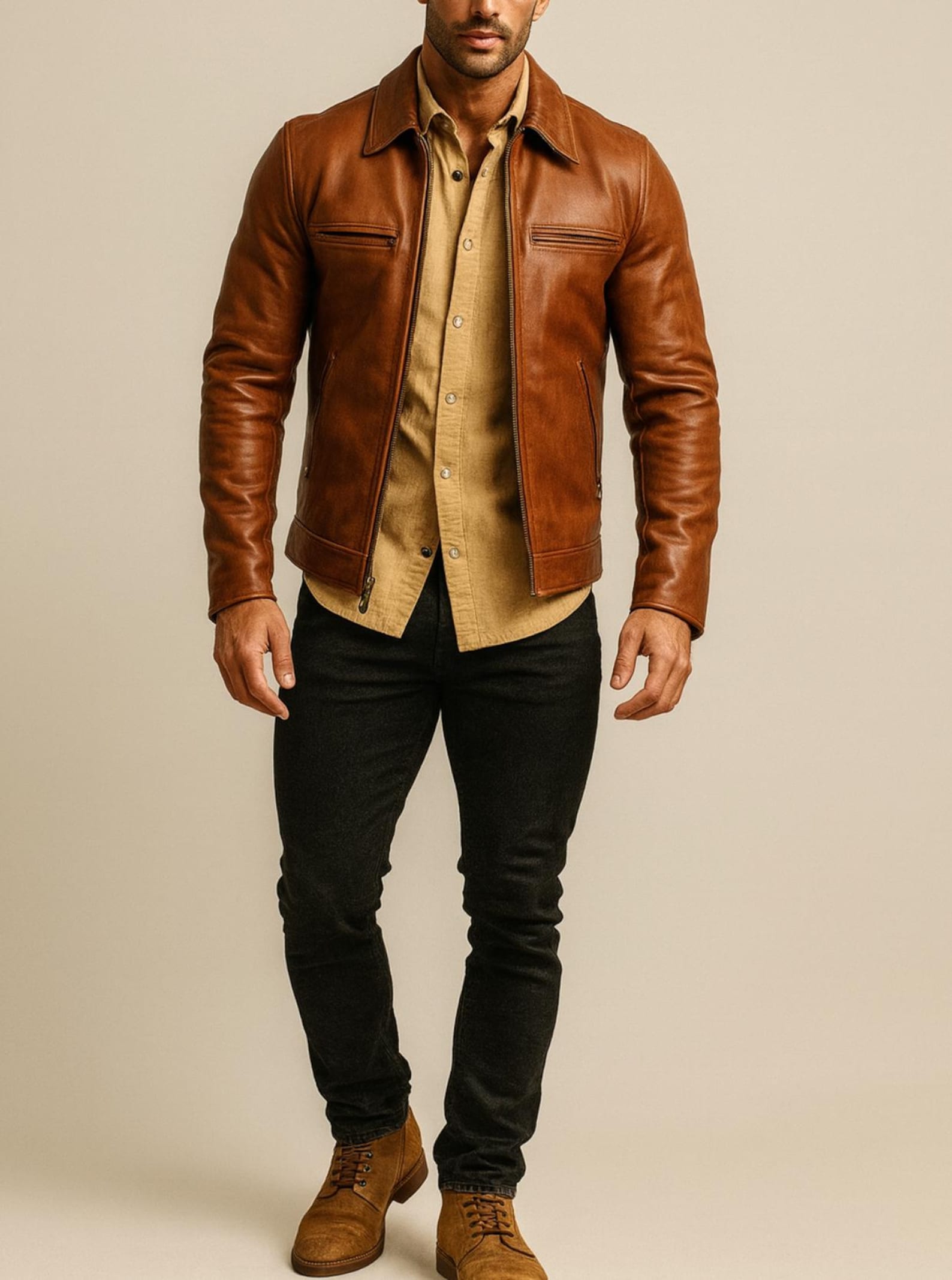 Men's Camel Cowhide Leather Moto Jacket: Slim Fit Bomber