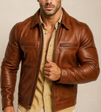 Men's Camel Cowhide Leather Moto Jacket: Slim Fit Bomber