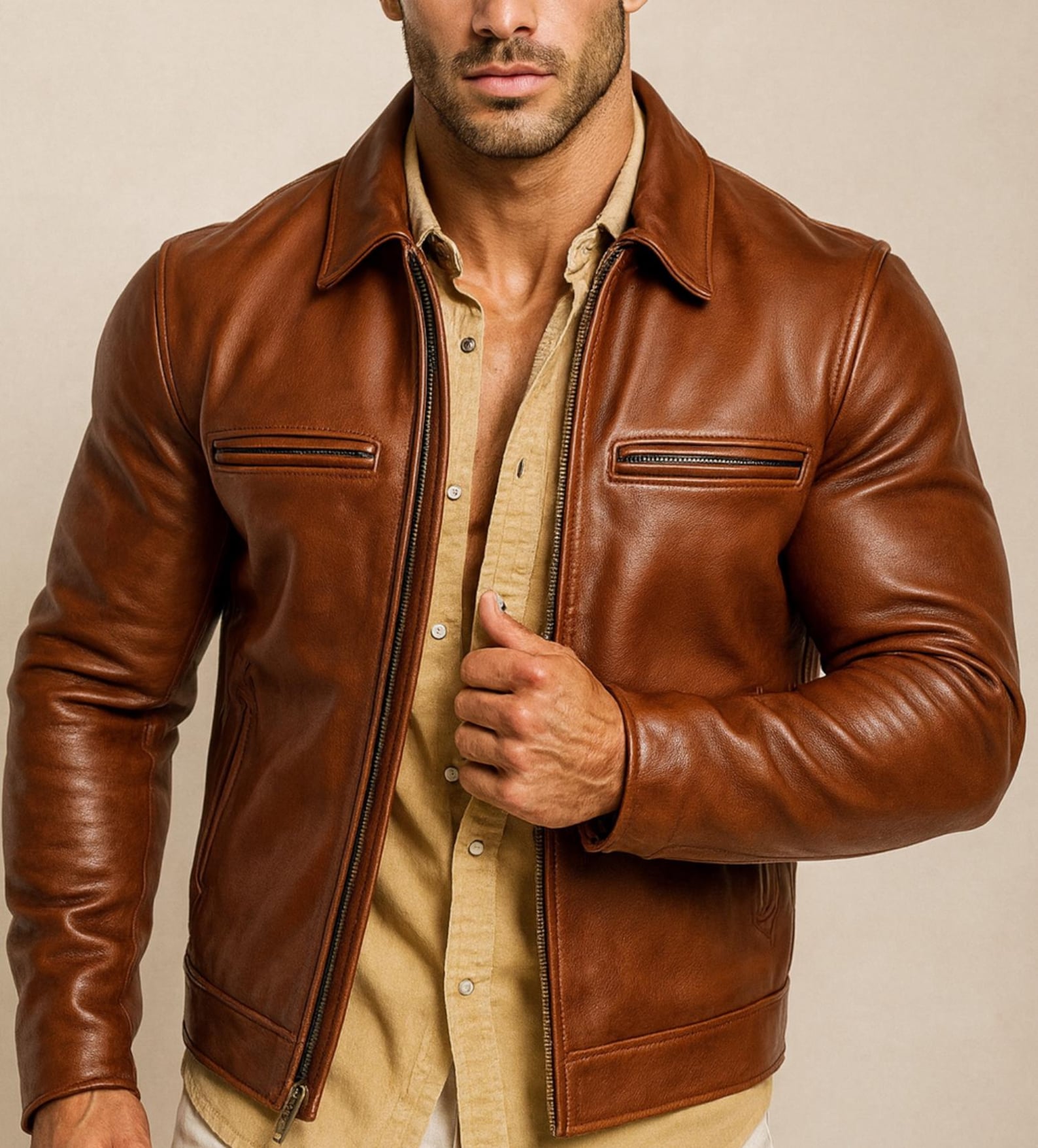 Men's Camel Cowhide Leather Moto Jacket: Slim Fit Bomber