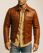 Men's Camel Cowhide Leather Moto Jacket: Slim Fit Bomber