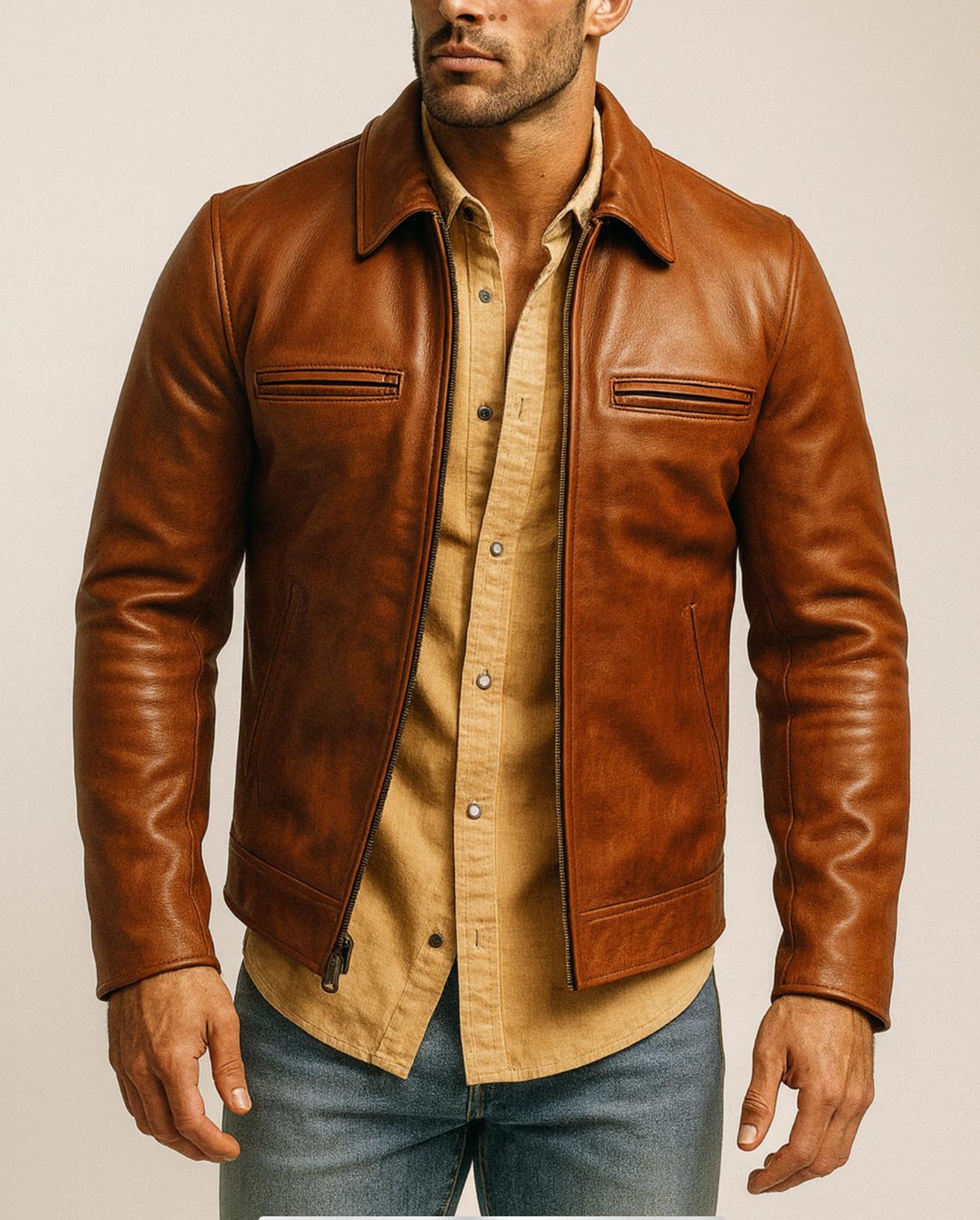 Men's Camel Cowhide Leather Moto Jacket: Slim Fit Bomber