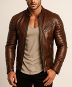 Handmade Chestnut Brown Cowhide Leather Cafe Racer Jacket