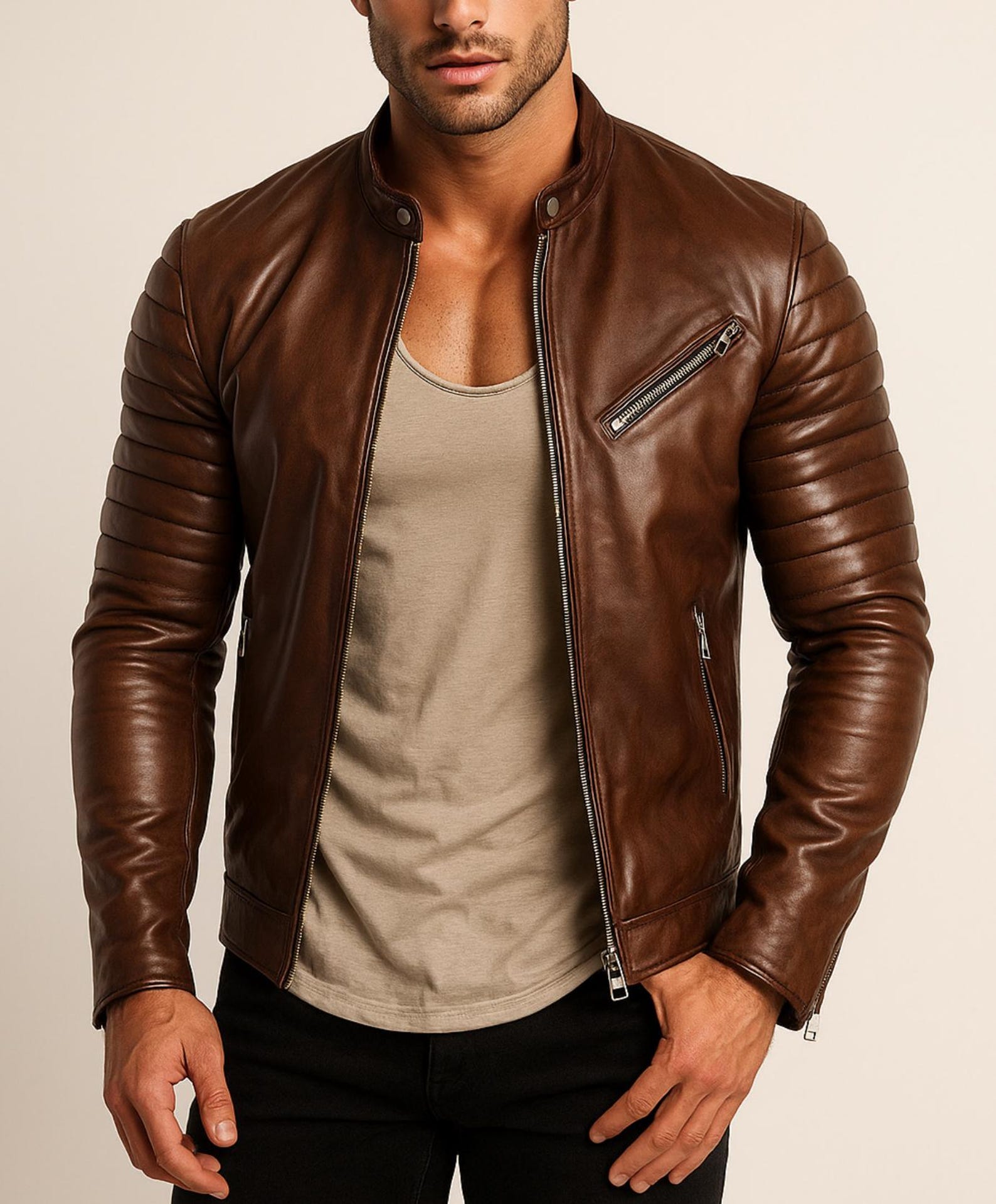 Handmade Chestnut Brown Cowhide Leather Cafe Racer Jacket