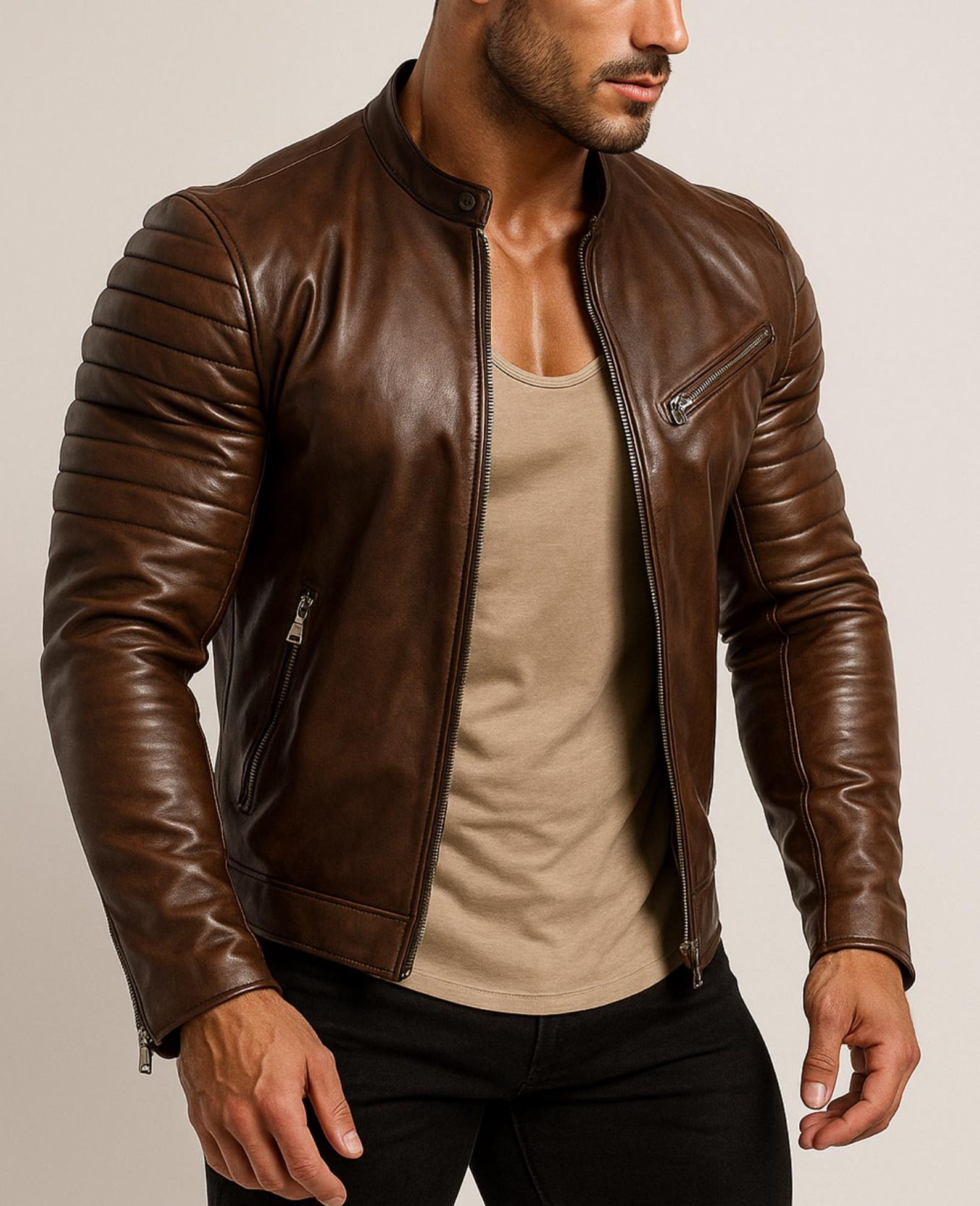 Handmade Chestnut Brown Cowhide Leather Cafe Racer Jacket