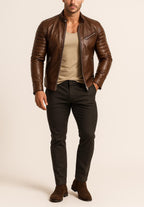 Handmade Chestnut Brown Cowhide Leather Cafe Racer Jacket