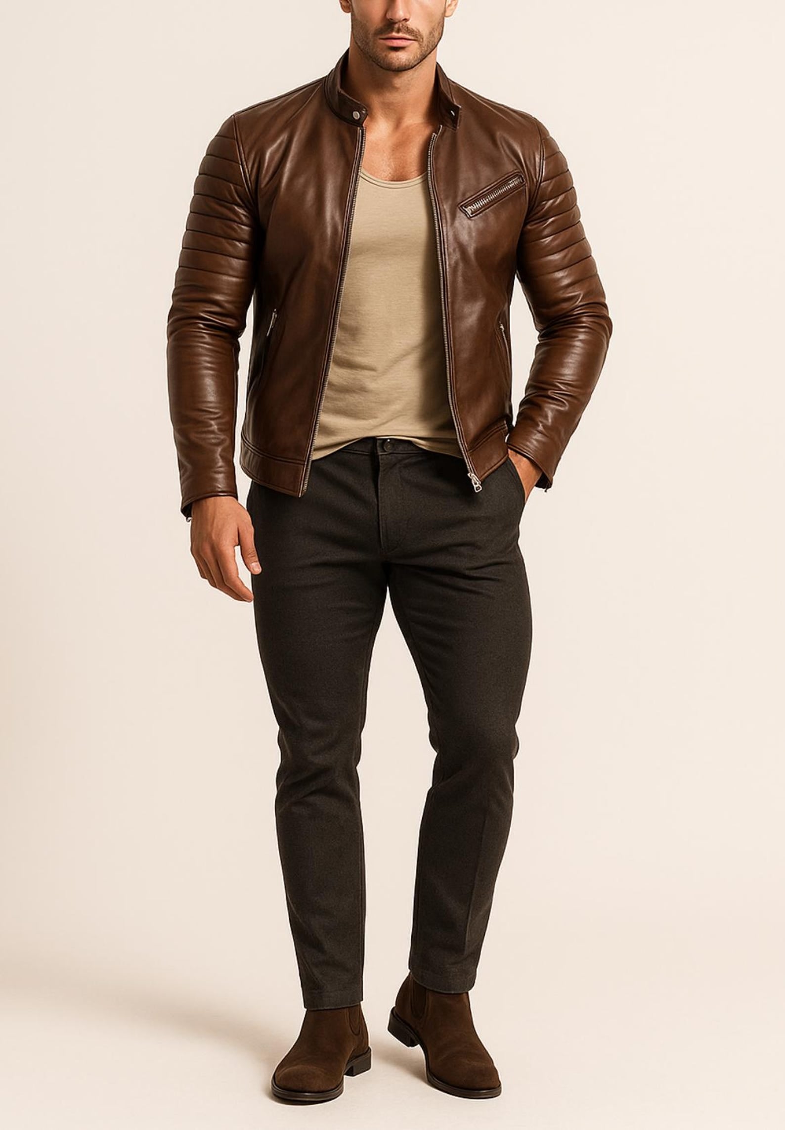 Handmade Chestnut Brown Cowhide Leather Cafe Racer Jacket