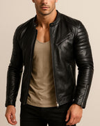 Handmade Chestnut Brown Cowhide Leather Cafe Racer Jacket