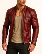 Handmade Chestnut Brown Cowhide Leather Cafe Racer Jacket