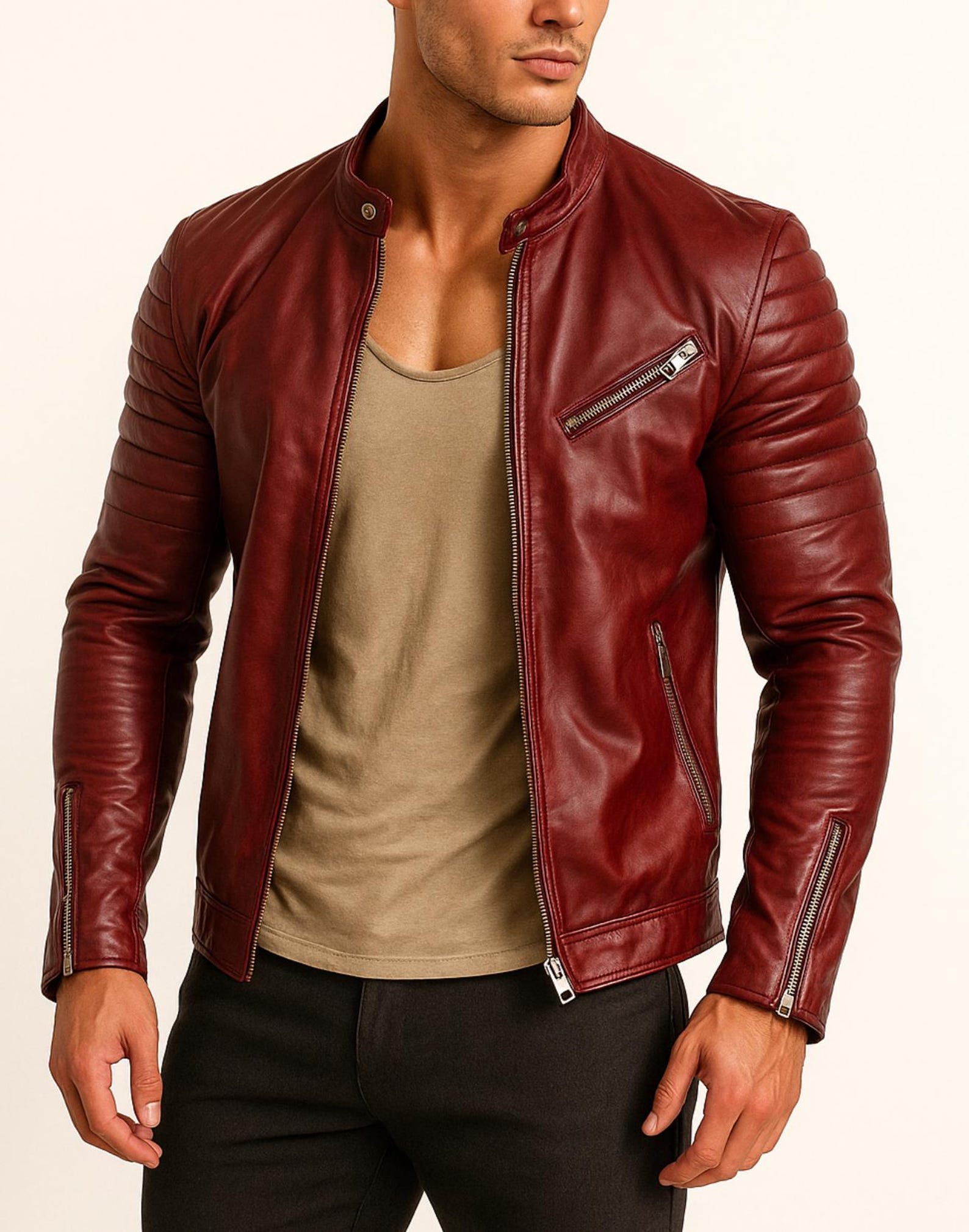 Handmade Chestnut Brown Cowhide Leather Cafe Racer Jacket