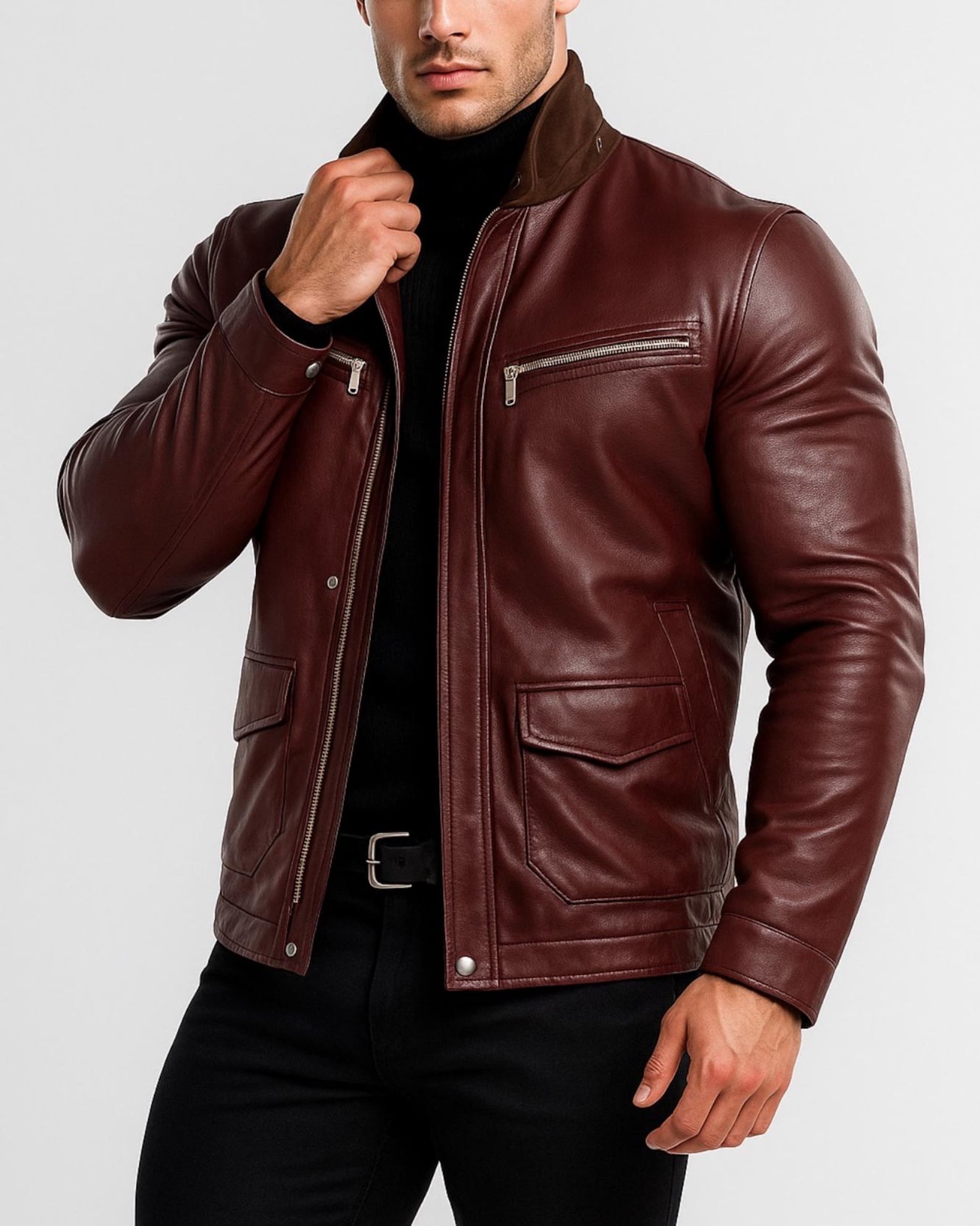 Oxblood Sheep Leather Bomber Jacket -Suede Coller, Limited Edition