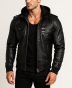 Black Sheep Leather Bomber Jacket with Detachable Hoodie - YKK Zippers