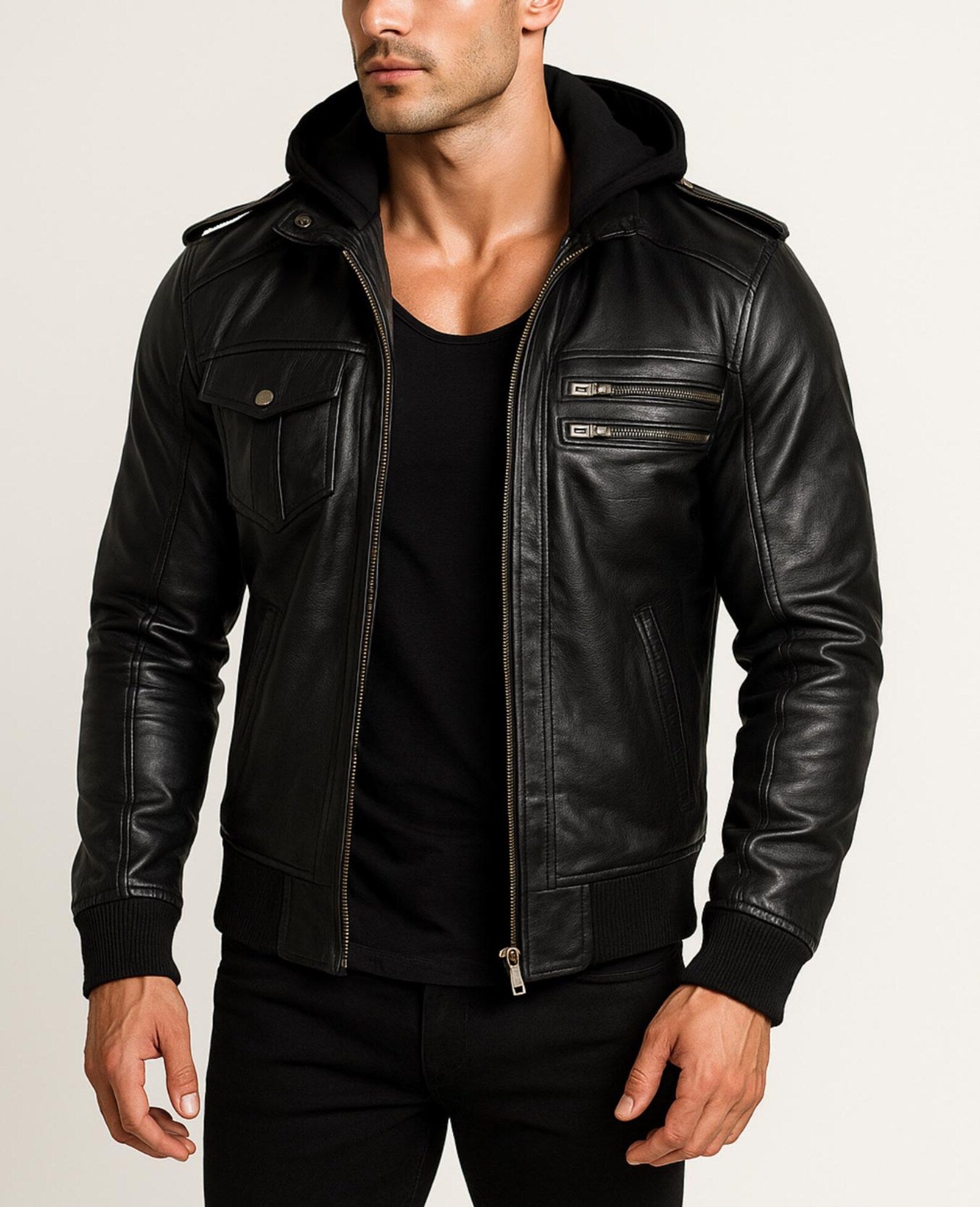 Black Sheep Leather Bomber Jacket with Detachable Hoodie - YKK Zippers