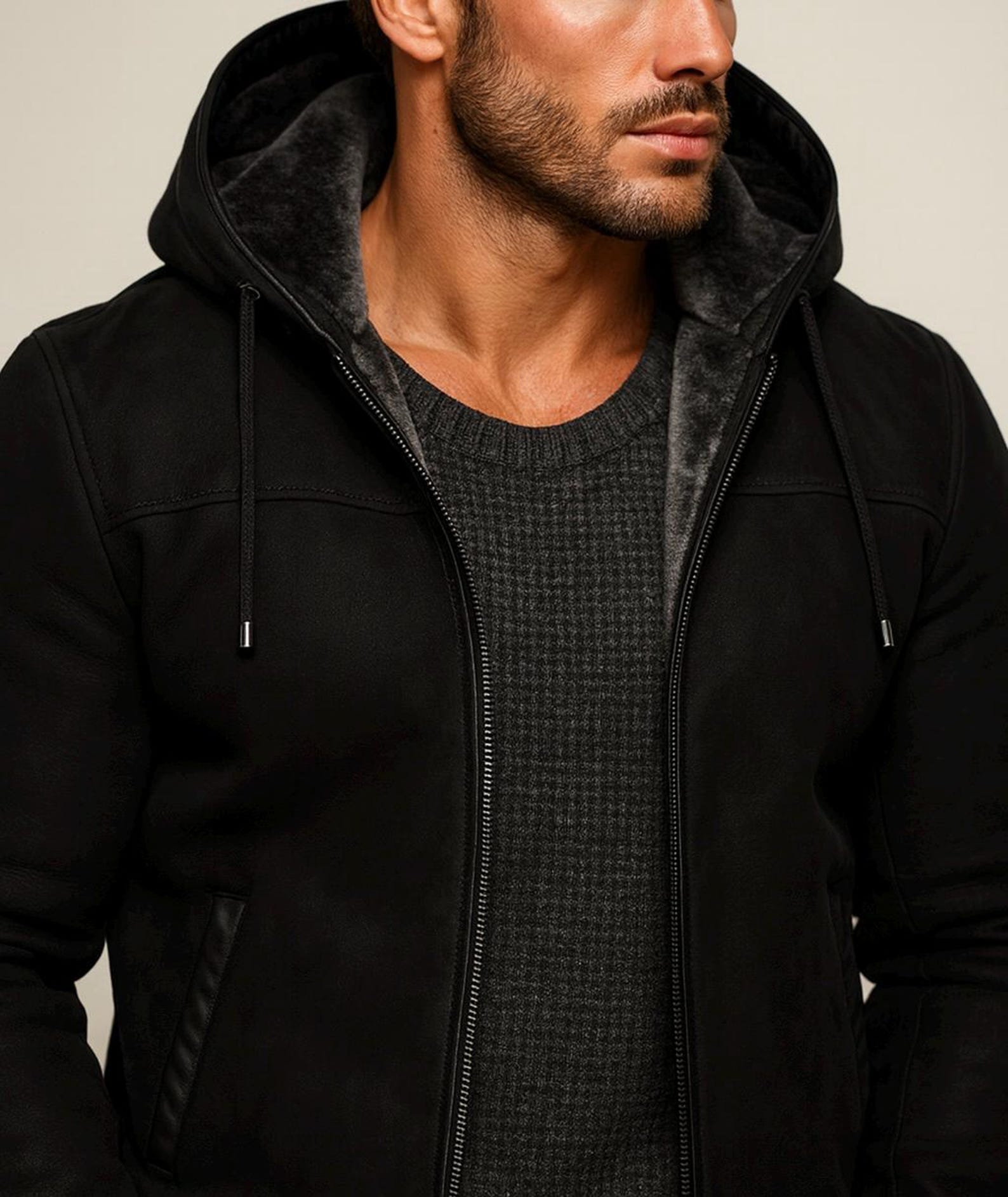 Black Suede Leather Shearling Hoodie Jacket for Men – DRAVIK by Daaran