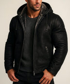 Black Suede Leather Shearling Hoodie Jacket for Men – DRAVIK by Daaran