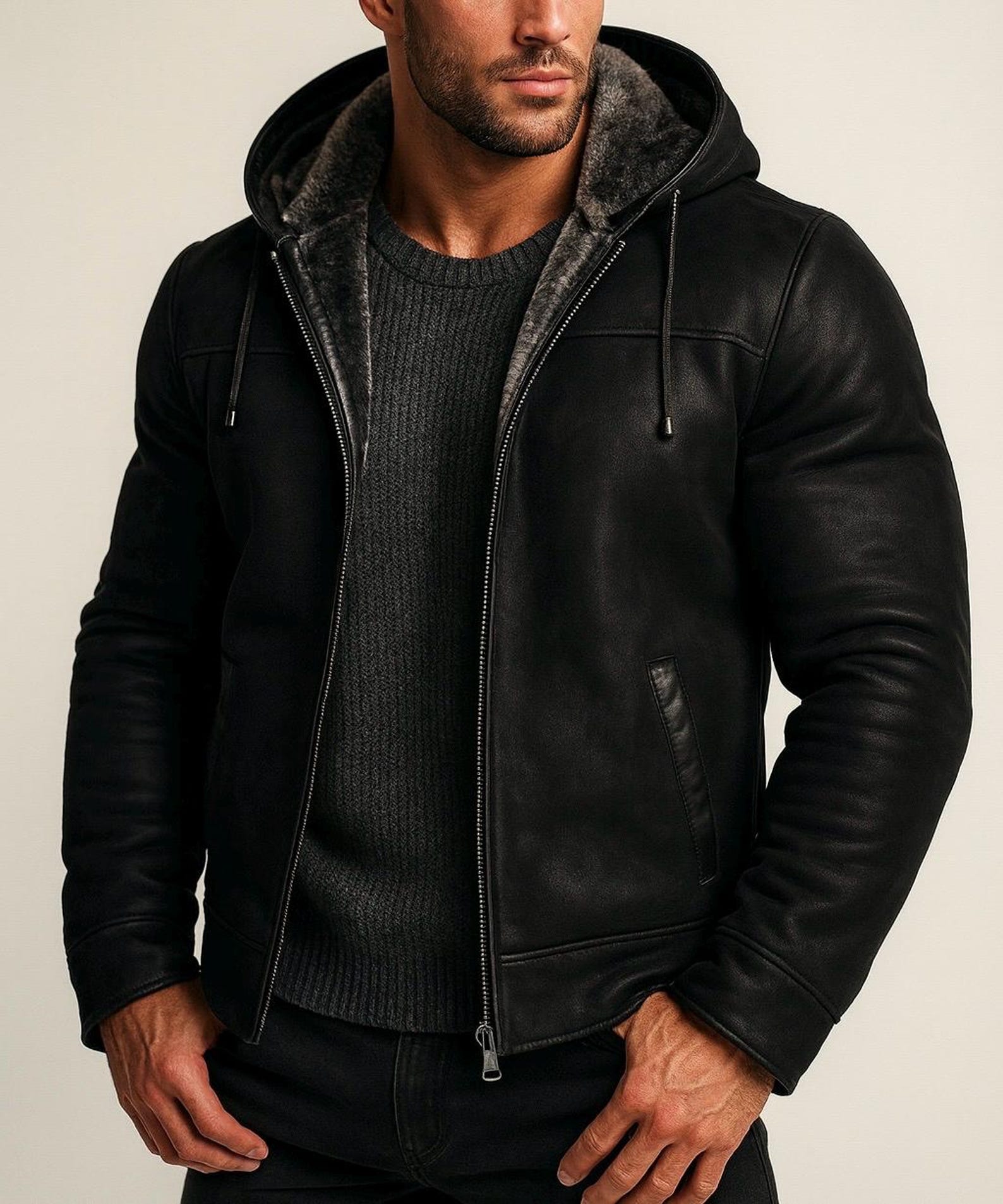 Black Suede Leather Shearling Hoodie Jacket for Men – DRAVIK by Daaran