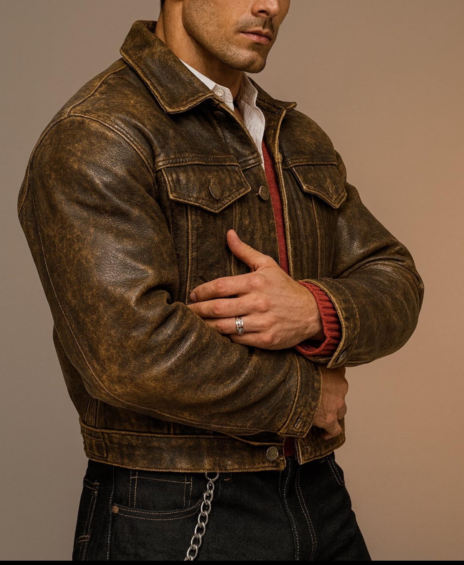 Brown Distressed Trucker Jacket | Men's Vintage Burnished Outerwear | Daaran Rustell