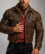 Brown Distressed Trucker Jacket | Men's Vintage Burnished Outerwear | Daaran Rustell