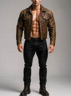 Brown Distressed Trucker Jacket | Men's Vintage Burnished Outerwear | Daaran Rustell