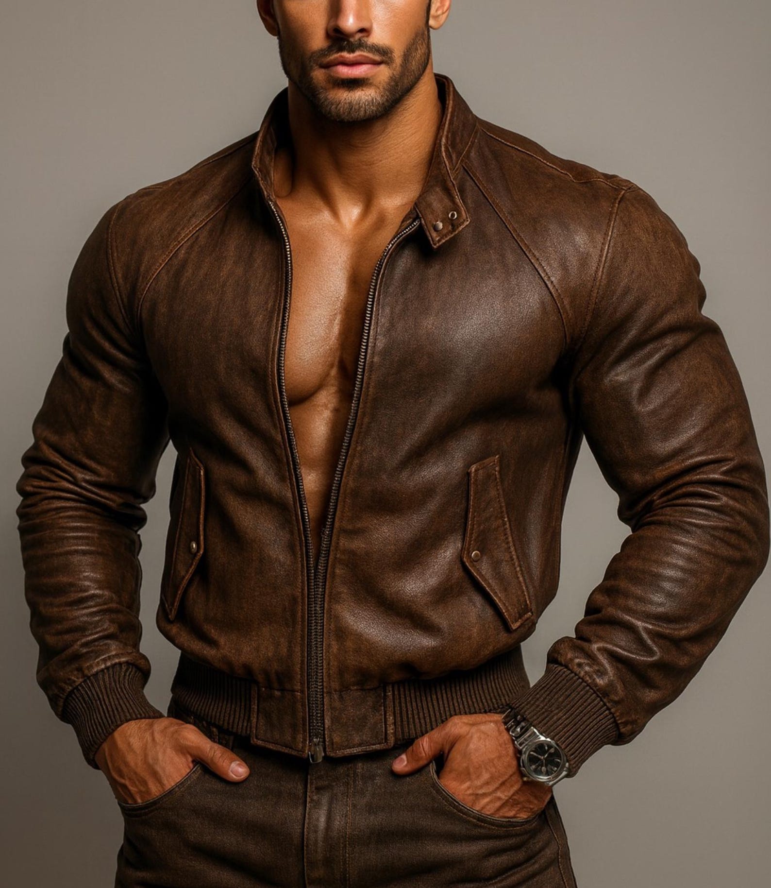 Brown Distressed Leather Jacket for Men Sheep Leather Bomber with Inner Pockets DAARAN Brunnero