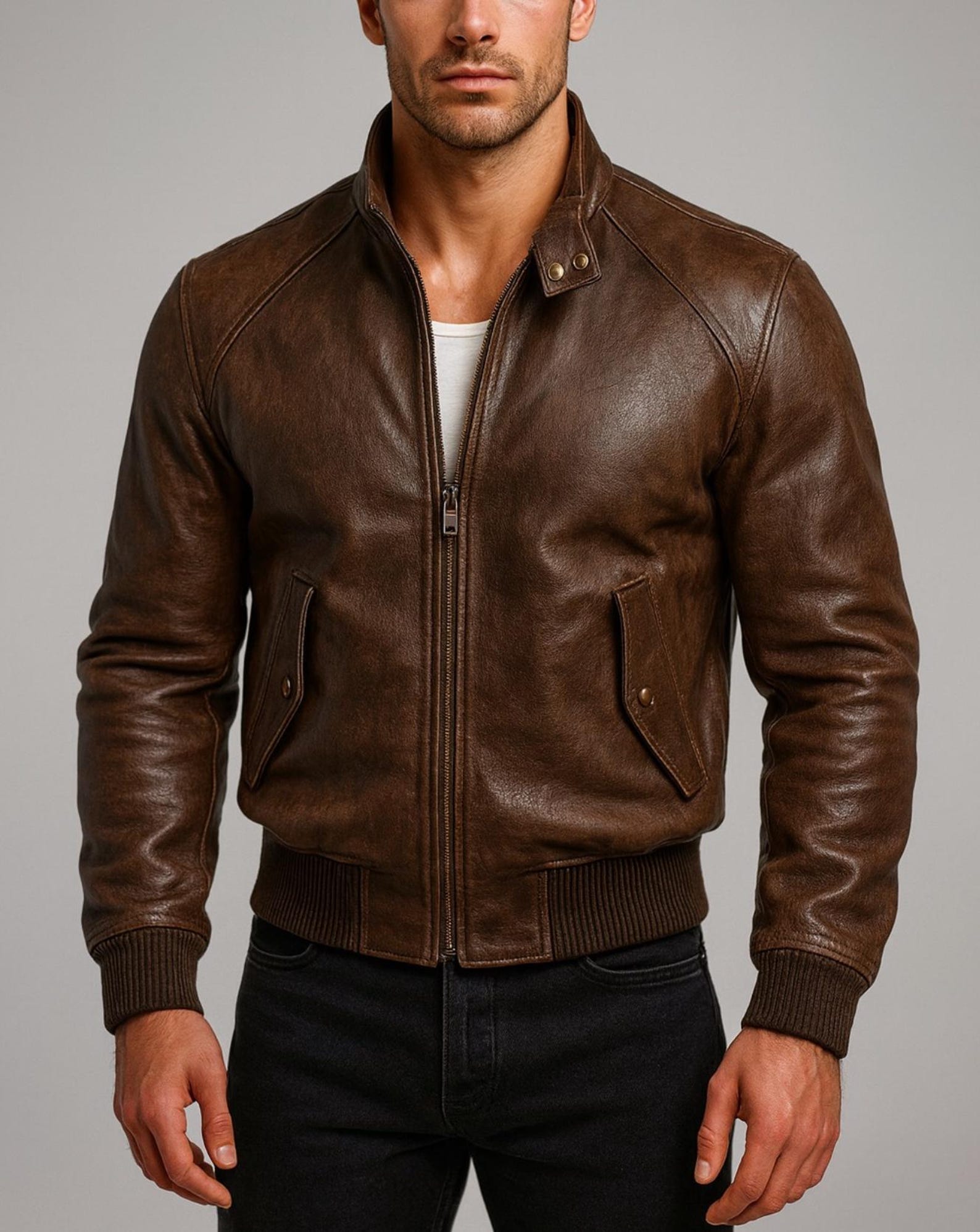 Brown Distressed Leather Jacket for Men Sheep Leather Bomber with Inner Pockets DAARAN Brunnero