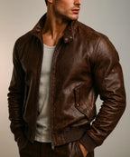 Brown Distressed Leather Jacket for Men Sheep Leather Bomber with Inner Pockets DAARAN Brunnero