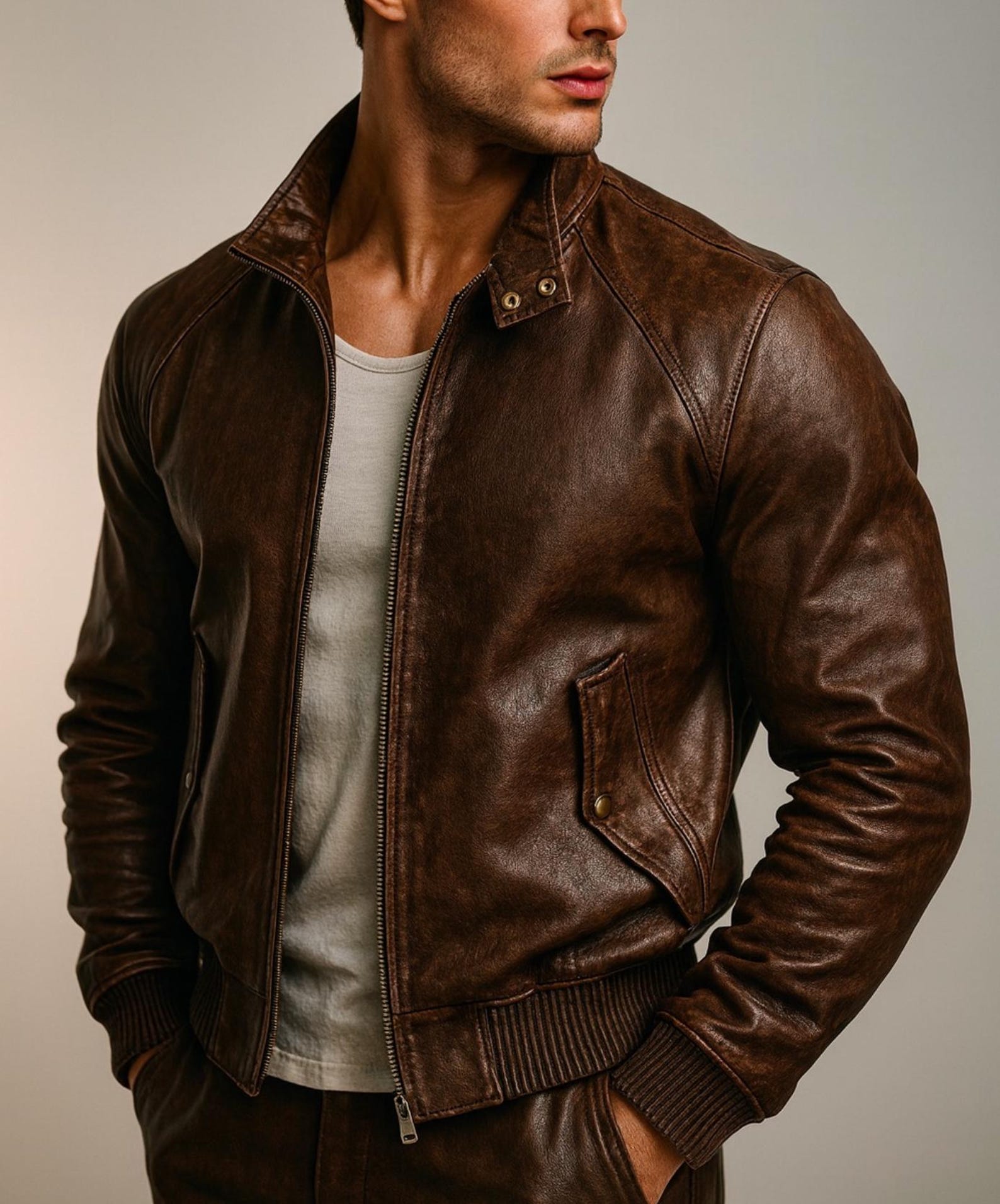Brown Distressed Leather Jacket for Men Sheep Leather Bomber with Inner Pockets DAARAN Brunnero
