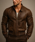 Brown Distressed Leather Jacket for Men Sheep Leather Bomber with Inner Pockets DAARAN Brunnero