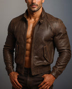 Brown Distressed Leather Jacket for Men Sheep Leather Bomber with Inner Pockets DAARAN Brunnero
